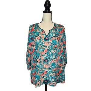 Tolani Top Tunic Style Multicolor Teal Coral Floral Wide 3/4 Sleeve Women's Sz M